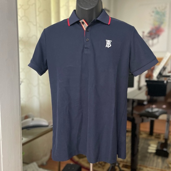 Like New Men’s Size Large Burberry Icon Stripes Walton Polo Shirt In Dark Navy - Picture 7 of 15